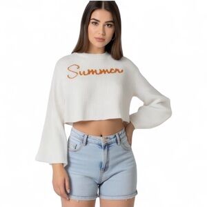 Moon & Madison White Cotton Relaxed Cropped LS Bell Sweater 'Summer' Embroidery